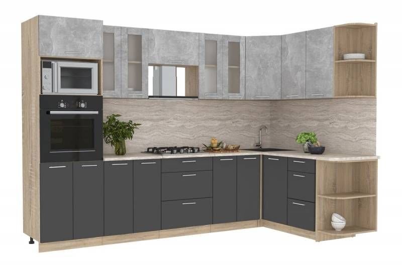 

Готовая кухня Интерлиния Мила 1.68x3.0 правая (бетон-антрацит-травертин)