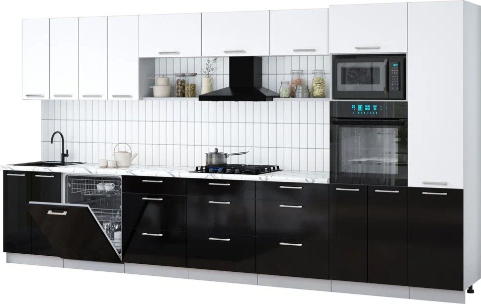 

Готовая кухня Интерлиния Мила Gloss 4.0-ПМ1 (черный глянец/белый/белый гранит)