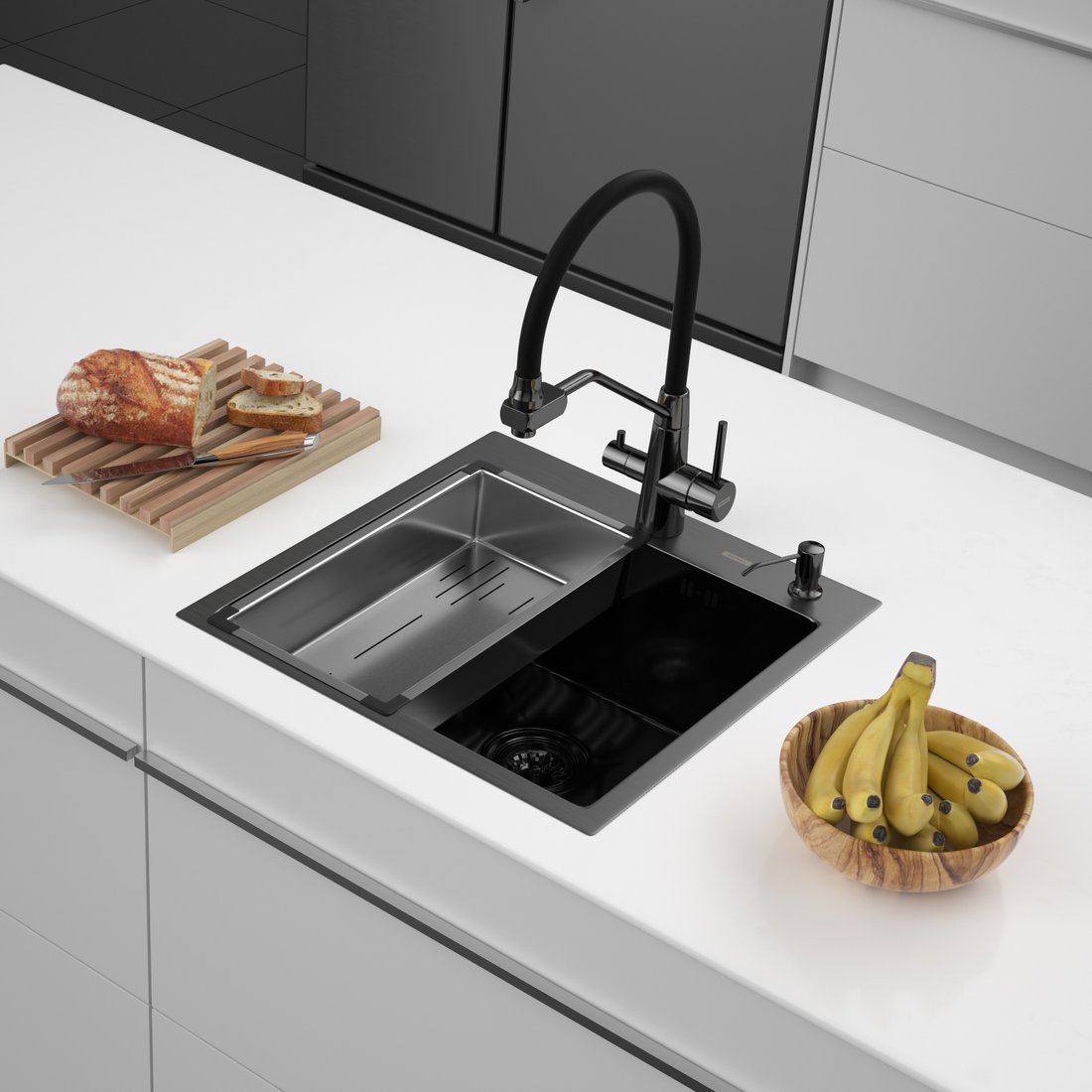 

Кухонная мойка ARFEKA Eco AR мойка 500*500, коландер G, дозатор Black