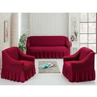 Комплект чехлов для дивана и кресла Karna 3-местный диван + 2 кресла с юбкой (бордовый)