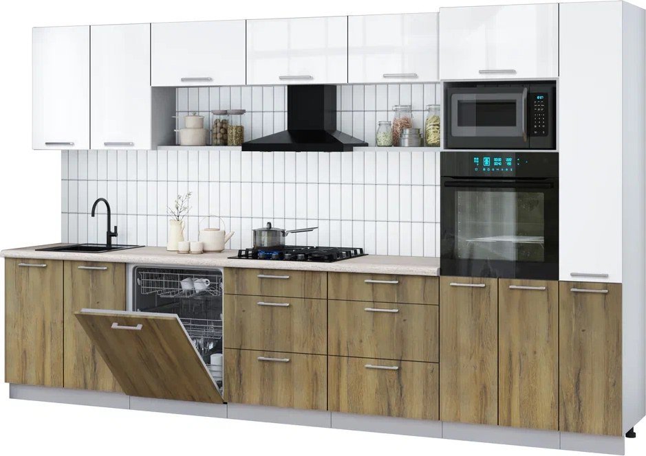 

Готовая кухня Интерлиния Мила Gloss 3.5-ПМ1 (дуб вотан/белый глянец/травертин серый)