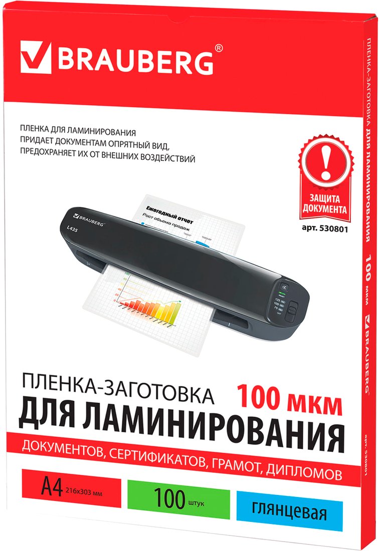 

Пленка для ламинирования BRAUBERG глянцевая A4 100 мкм 100 шт 530801