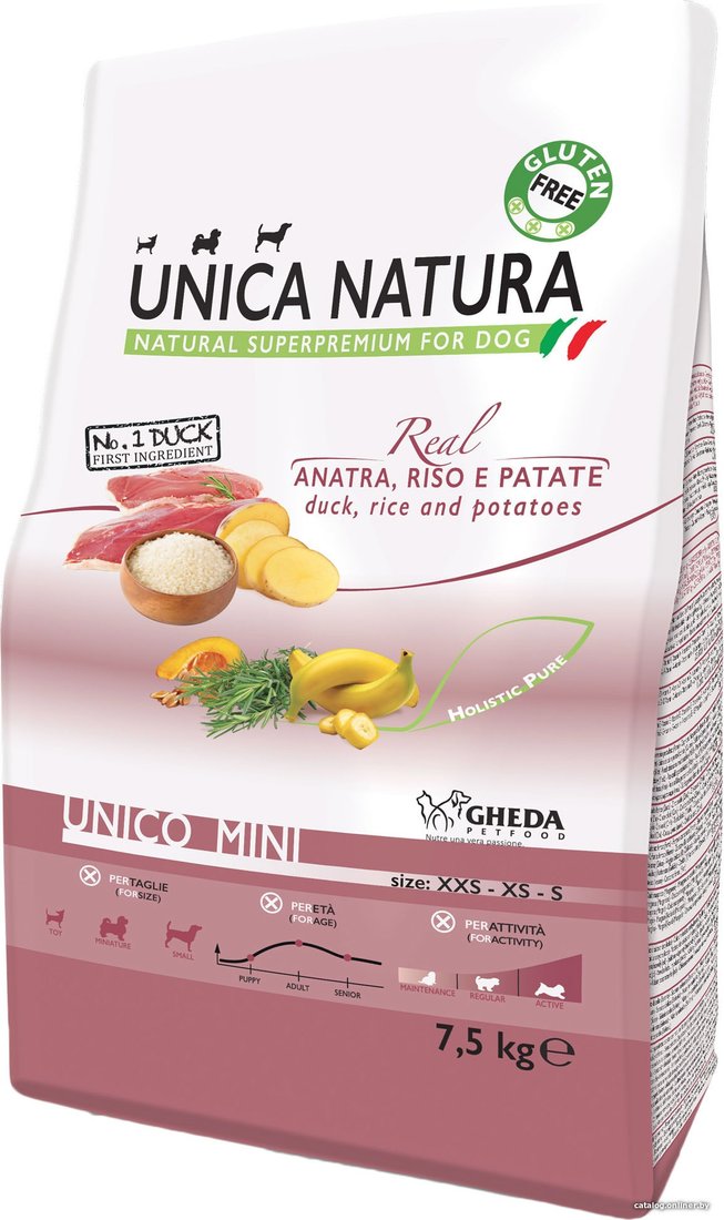 Сухой корм для собак Unica Natura Unico Mini с уткой, рисом и картофелем 7.5 кг