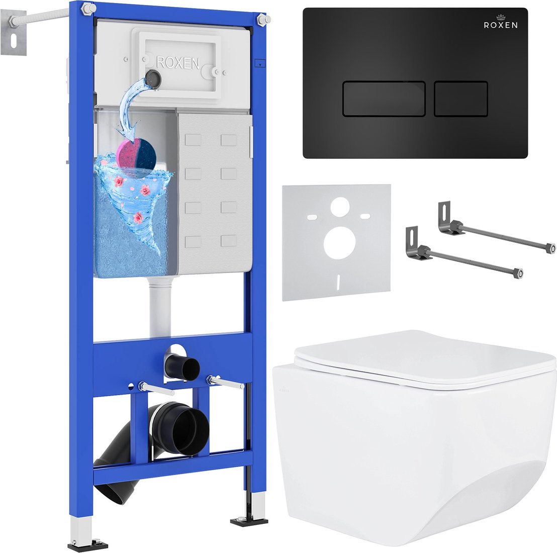 Унитаз подвесной Roxen Boro One Rimless 6 в 1 StounFix Dual Fresh 582388 (кнопка: черный матовый)