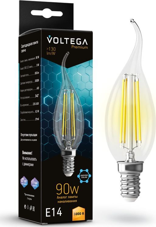 

Светодиодная лампочка Voltega Crystal Graphene Candle wind 9W 3000K E14