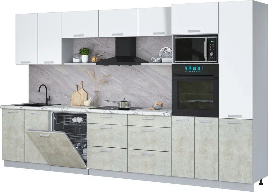 

Готовая кухня Интерлиния Мила Лайт 3.6-ПМ1 (белый платинум/бетон лайт/белый гранит)