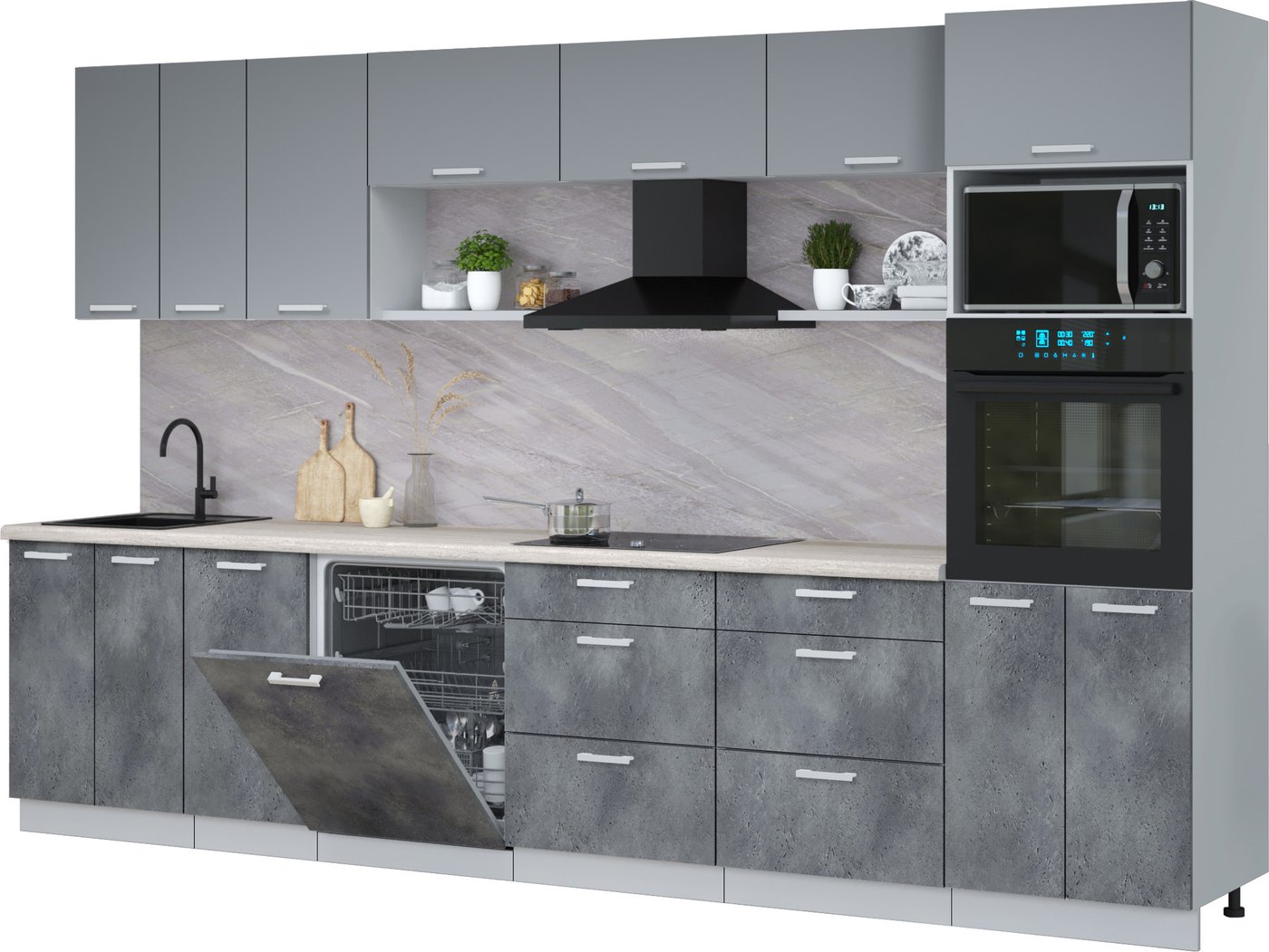 

Готовая кухня Интерлиния Мила Лайт 3.4-ПМ1-2 (серебро/бетон портленд/травертин серый)