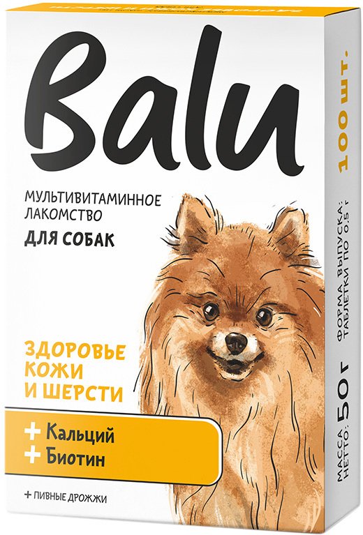 

Лакомство для собак Balu Здоровье кожи и шерсти с биотином и кальцием 50 г (100 таблеток)