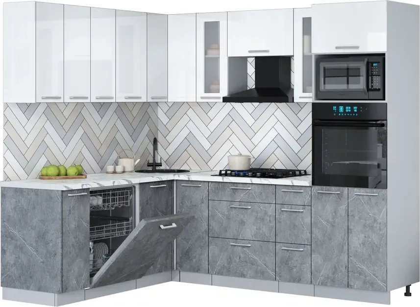 

Готовая кухня Интерлиния Мила Gloss 1.896х2.38 (керамика/белый глянец/белый гранит)