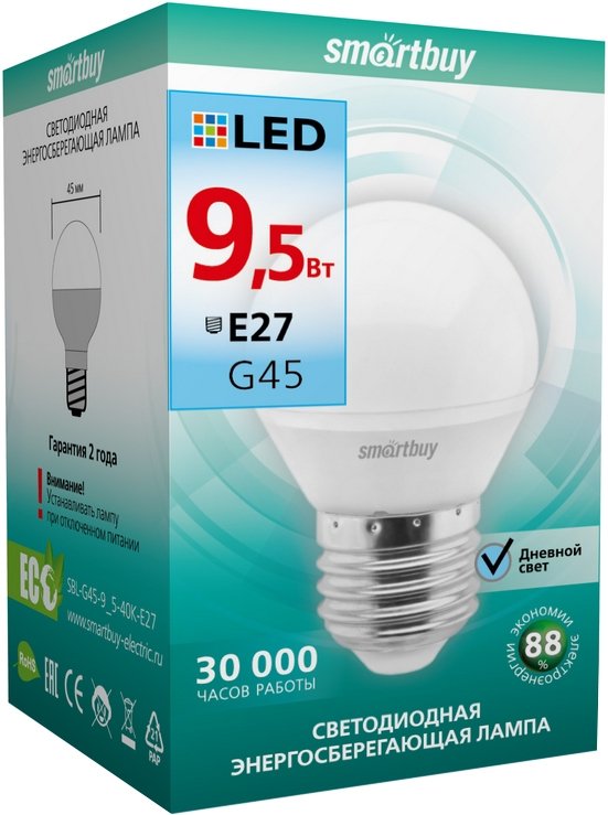 

Светодиодная лампочка SmartBuy G45 E27 9.5 Вт 4000 К [SBL-G45-9_5-40K-E27]