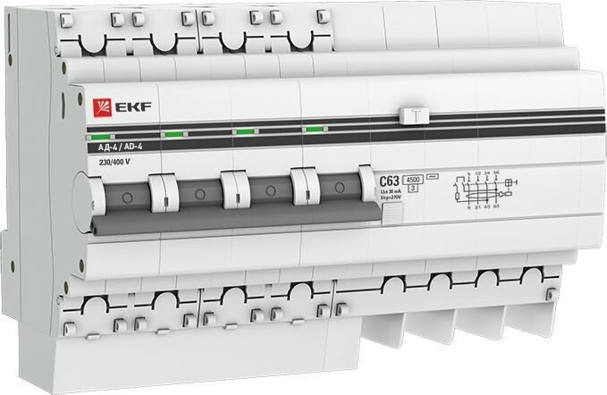 

Дифференциальный автомат EKF АД-4 40А/30мА 4,5кА DA4-40-30-pro