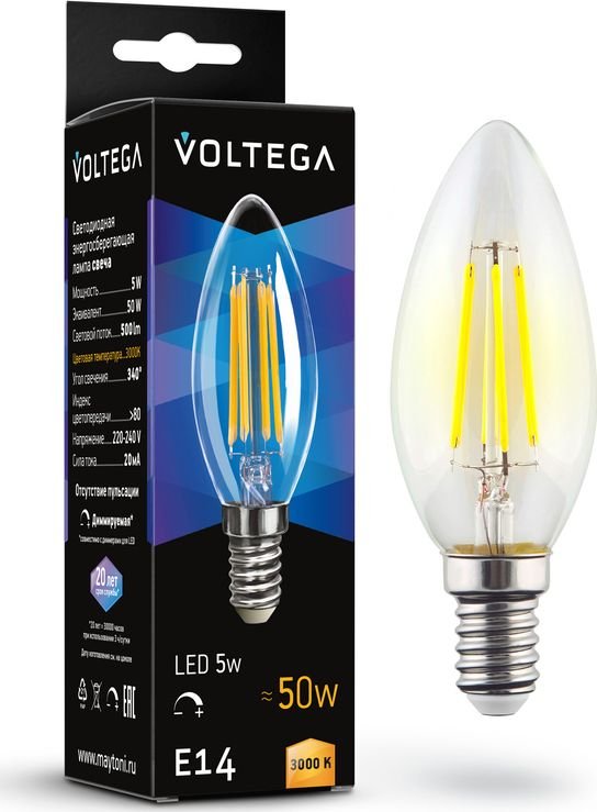 

Светодиодная лампочка Voltega Crystal Candle 5W 3000K E14 DIM