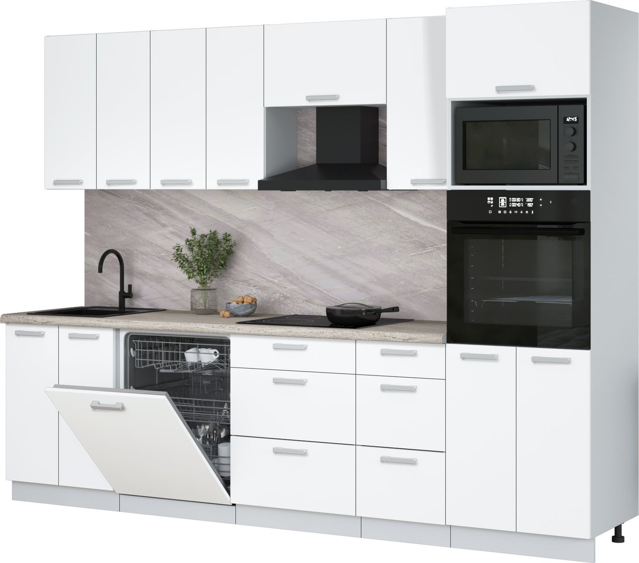 

Готовая кухня Интерлиния Мила Лайт 2.8-ПМ1 (белый платинум/белый платинум/травертин серый)