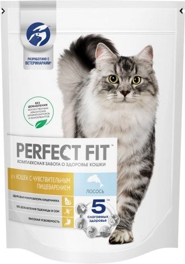 

Сухой корм для кошек Perfect Fit Для взрослых кошек с чувствительным пищеварением. Лосось (650г)