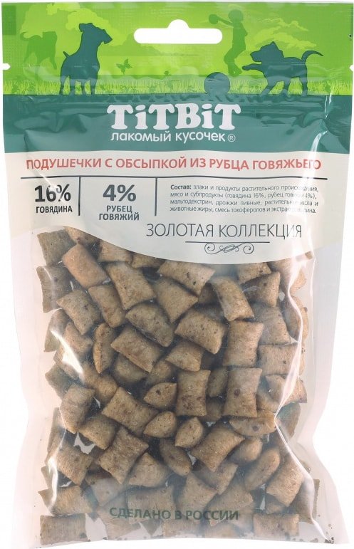 

Лакомство для собак TiTBiT Золотая коллекция Подушечки с обсыпкой из рубца говяжьего 80 г
