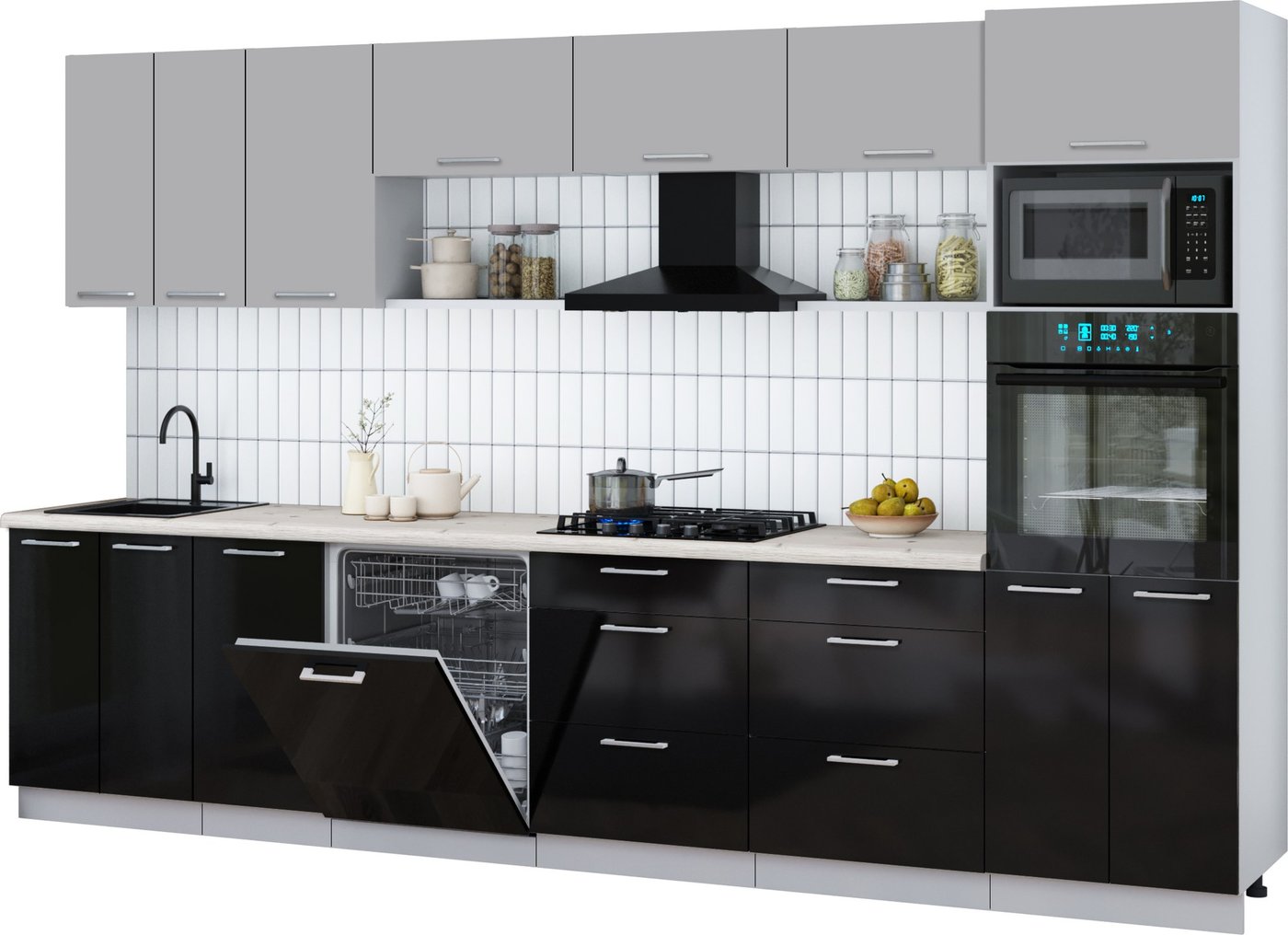 

Готовая кухня Интерлиния Мила Gloss 3.4-ПМ1-2 (черный глянец/грей/бискайская сосна)