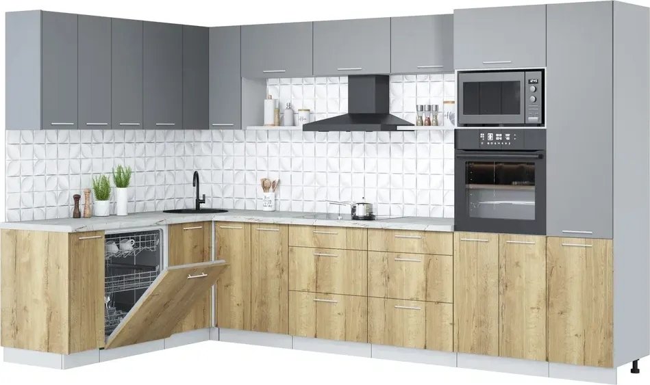 

Готовая кухня Интерлиния Мила Лайт 1.896х3.38 (серебро/дуб золотой/серый каспий)