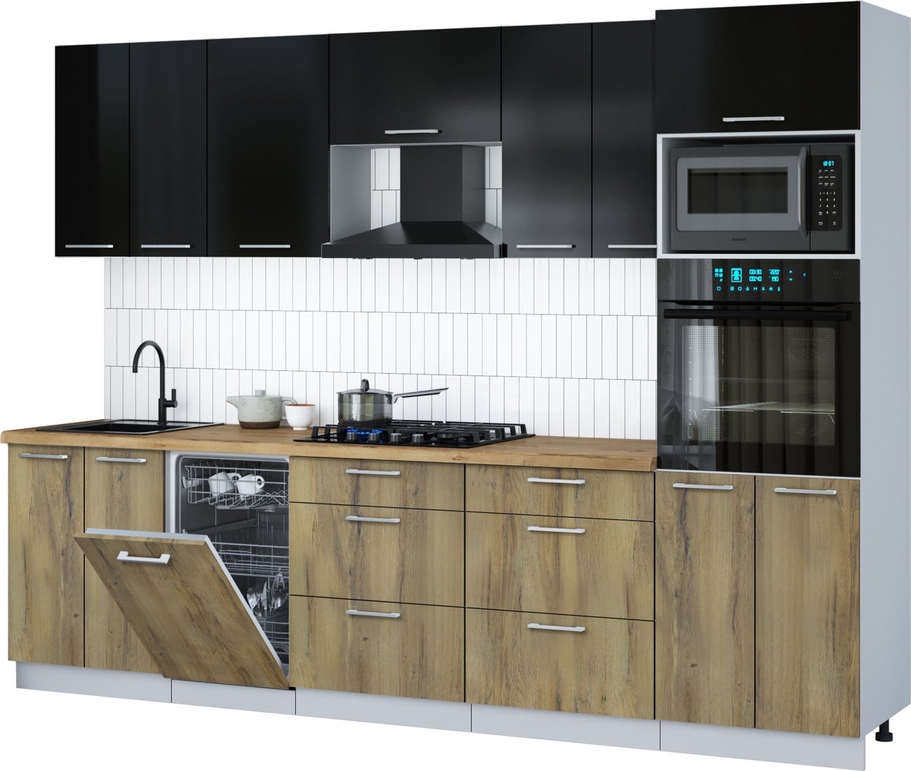 

Готовая кухня Интерлиния Мила Gloss 2.85-ПМ3 (дуб вотан/черный глянец/дуб бунратти)