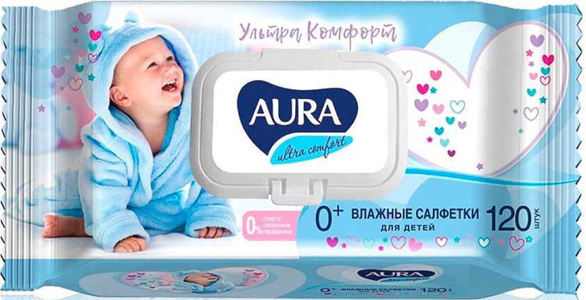 

Влажные салфетки Aura Ультра Комфорт с экстрактом алоэ и витамином Е (120 шт)