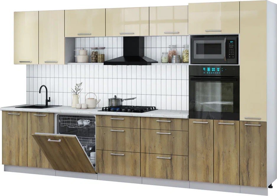 

Готовая кухня Интерлиния Мила Gloss 3.5-ПМ1 (дуб вотан/ваниль глянец/серый каспий)