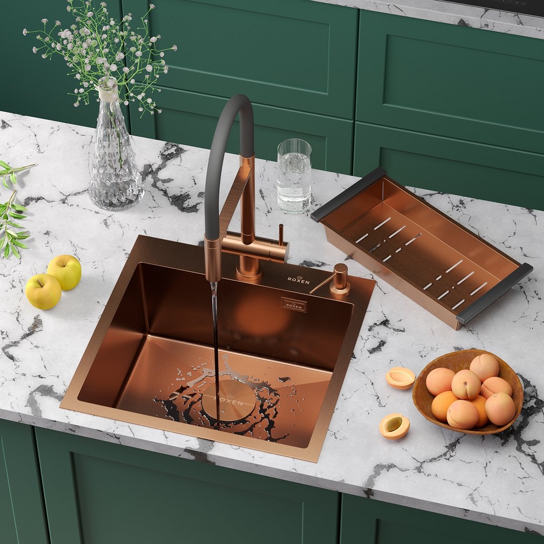 

Кухонная мойка Roxen Simple 560220-50BR-V бронза/текстурная PVD покрытие (с коландером и дозатором)