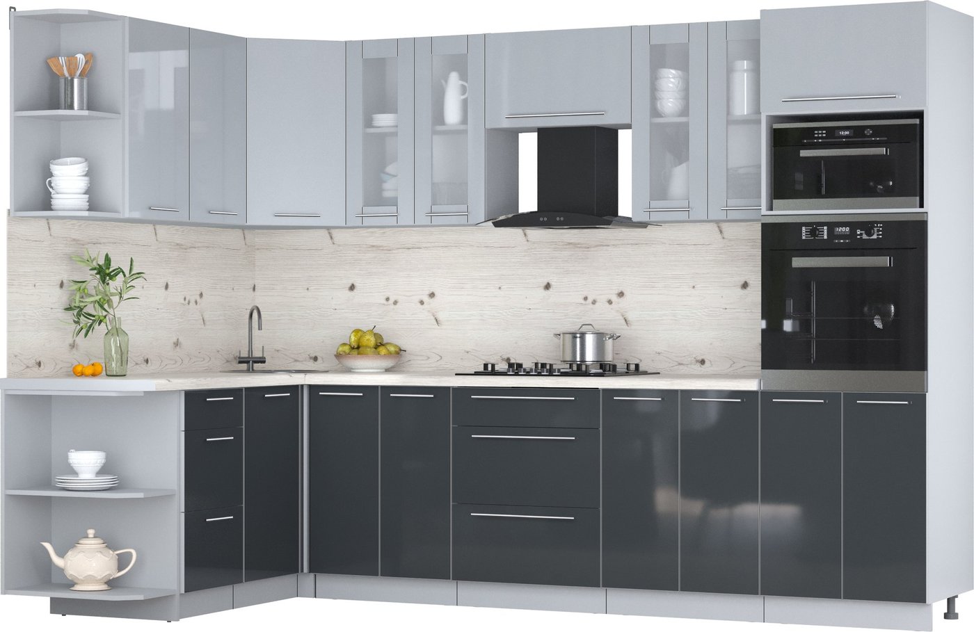 

Готовая кухня Интерлиния Мила Пластик 1.68x3.0 LV (туманный глянец/антрацит/бискайская сосна)