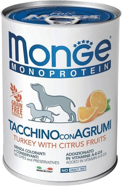 

Консервированный корм для собак Monge Dog Natural Monoprotein Fruits индейка с рисом и цитрусовыми (400 г)