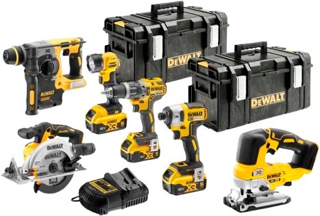 

DeWalt DCK690P3T (лобзик, циркулярка, шуруповерт, винтоверт, фонарь, перфоратор, 3 АКБ, кейс)