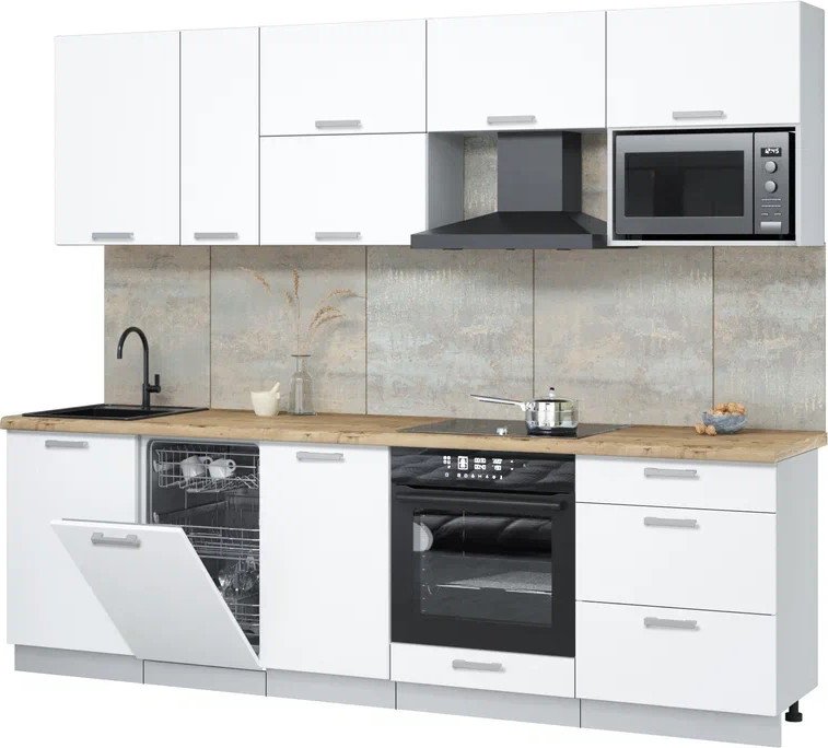 

Готовая кухня Интерлиния Мила Лайт 2.6-ПМ4 (белый платинум/белый платинум/дуб бунратти)