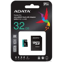 Карта памяти ADATA Premier Pro AUSDH32GUI3V30SA2-RA1 microSDHC 32GB (с адаптером)