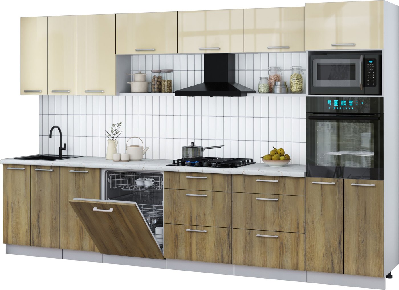 

Готовая кухня Интерлиния Мила Gloss 3.4-ПМ1-2 (дуб вотан/ваниль глянец/серый каспий)