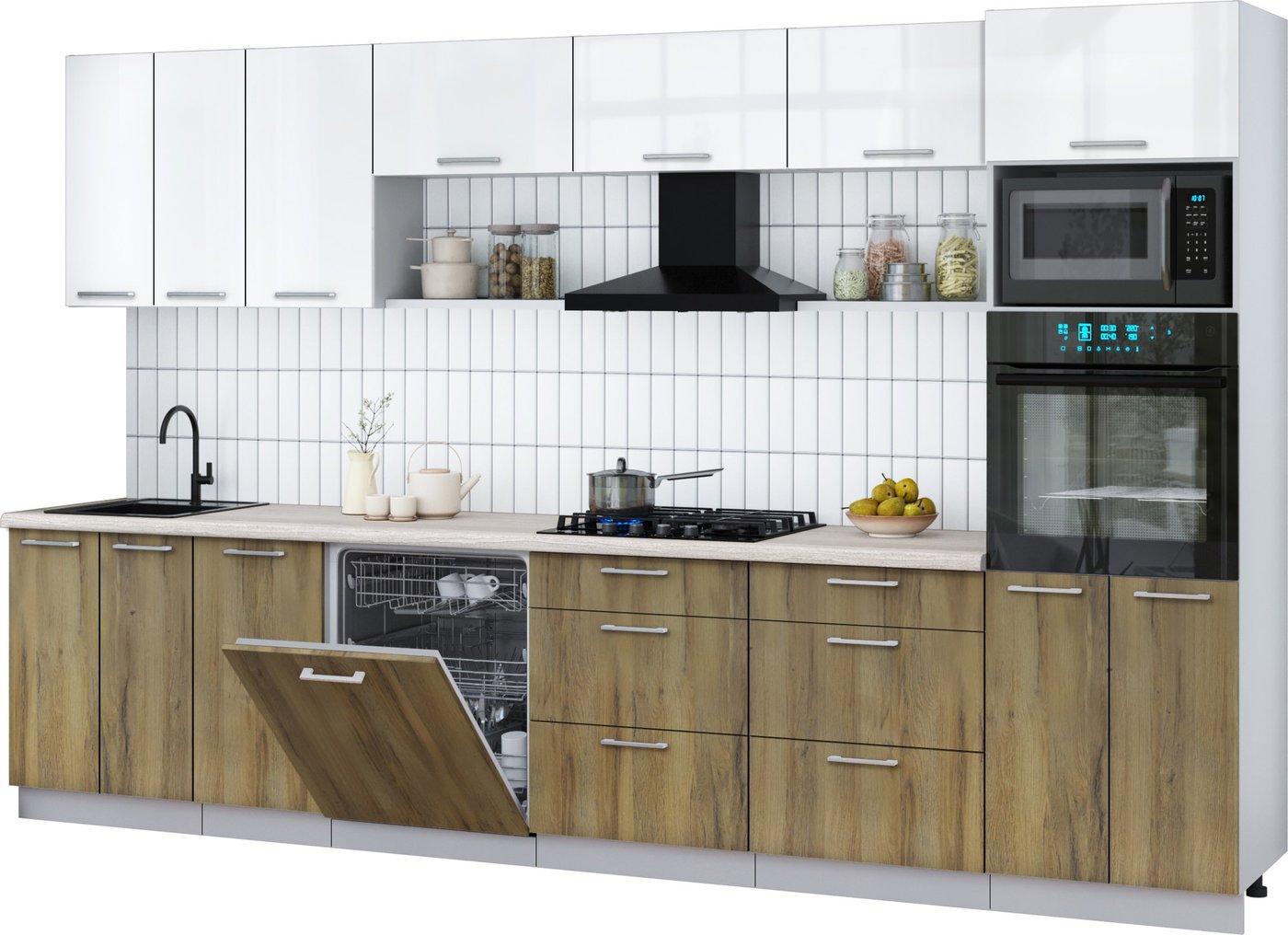 

Готовая кухня Интерлиния Мила Gloss 3.4-ПМ1-2 (дуб вотан/белый глянец/травертин серый)