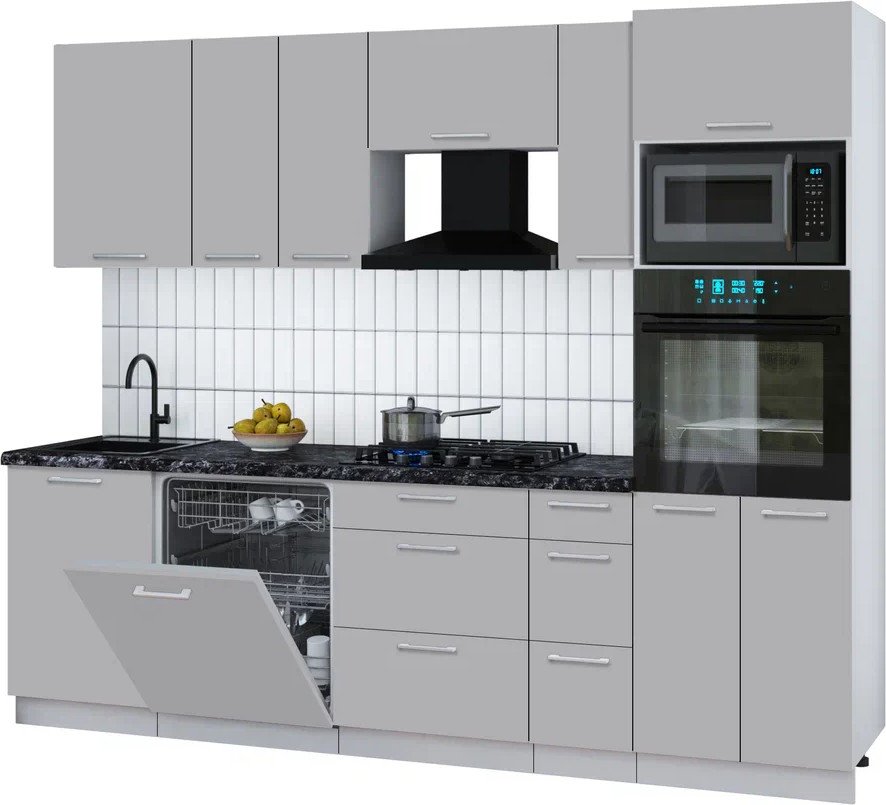 

Готовая кухня Интерлиния Мила Gloss 2.6-ПМ1 (грей/грей/кастилло темный)