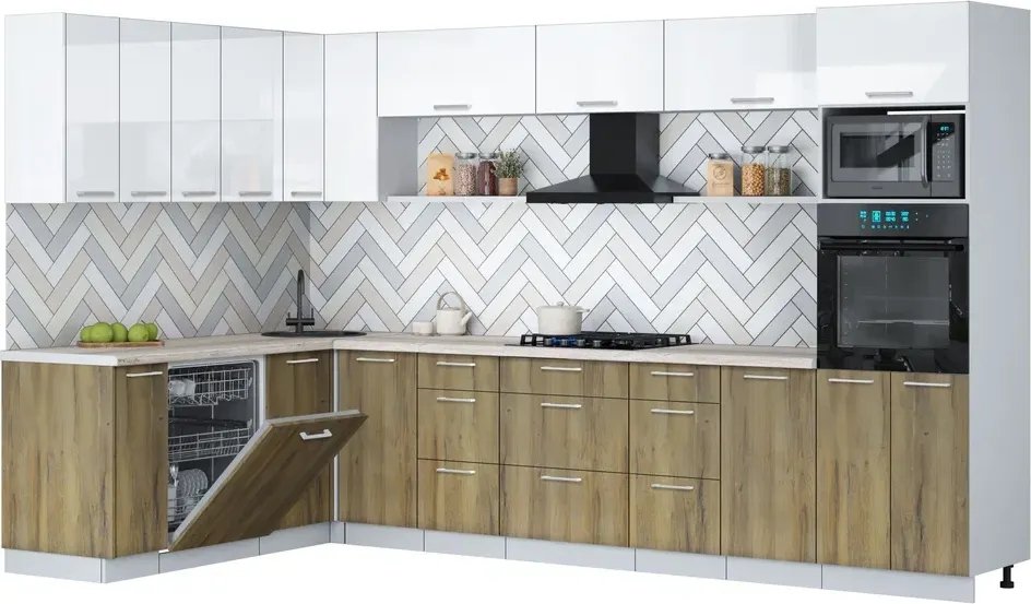 

Готовая кухня Интерлиния Мила Gloss 1.896х3.38-2 (дуб вотан/белый глянец/травертин серый)