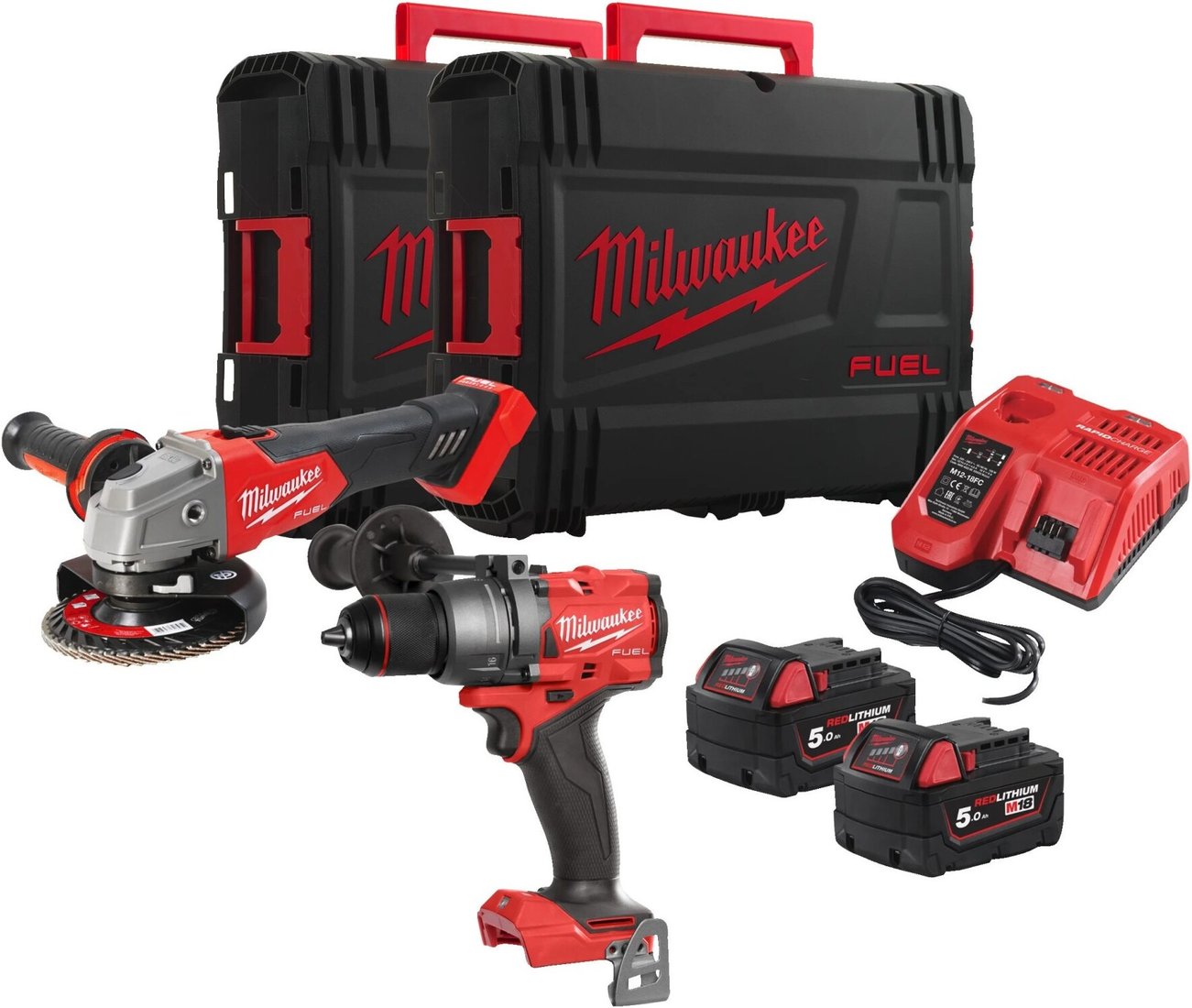 Milwaukee M18 FPP2E3-502X 4933492516 (шуруповерт, болгарка, 2 АКБ, кейс)