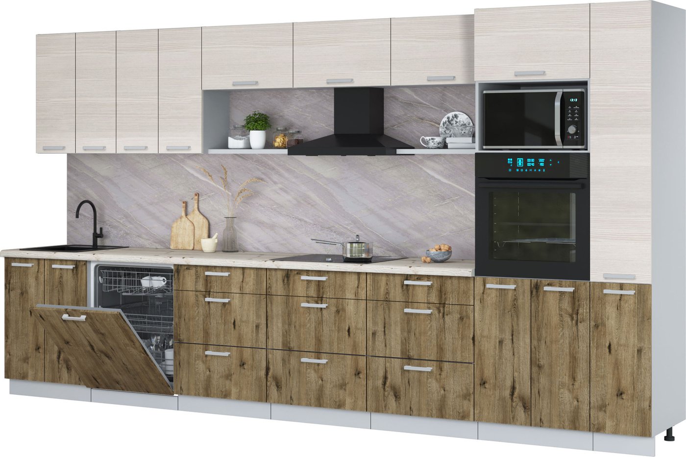 

Готовая кухня Интерлиния Мила Лайт 3.9-ПМ1 (вудлайн кремовый/дуб веллингтон/бискайская сосна)