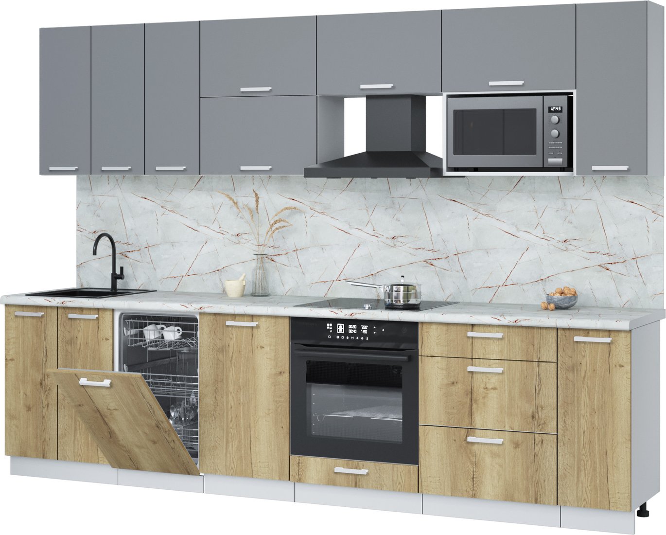 

Готовая кухня Интерлиния Мила Лайт 3.0-ПМ4 (серебро/дуб золотой/серый каспий)