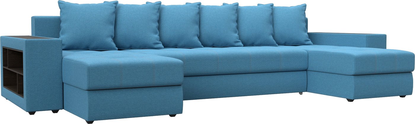 

П-образный диван Лига диванов Дубай полки слева 123248L (рогожка амур голубой)