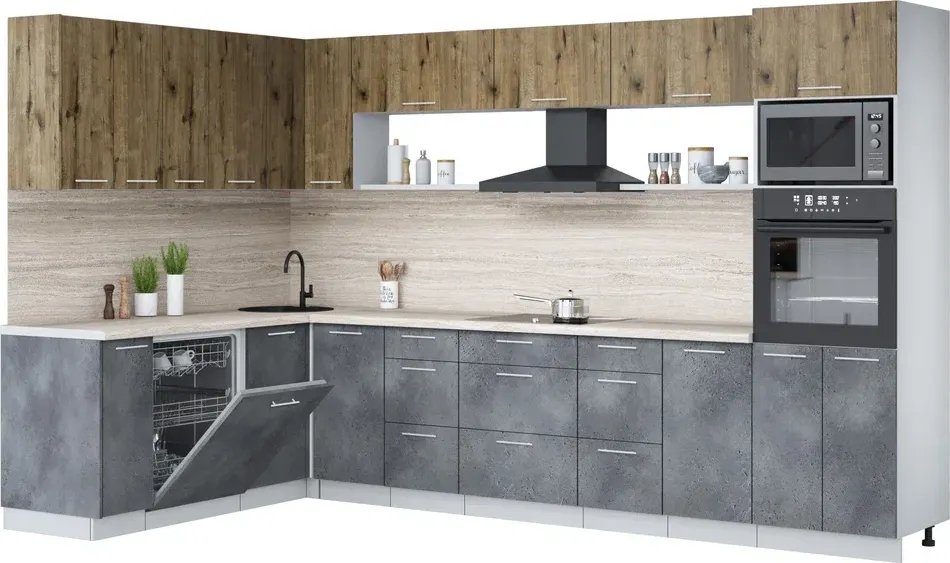 

Готовая кухня Интерлиния Мила Лайт 1.896х3.38-2 (дуб веллингтон/бетон портленд/травертин серый)