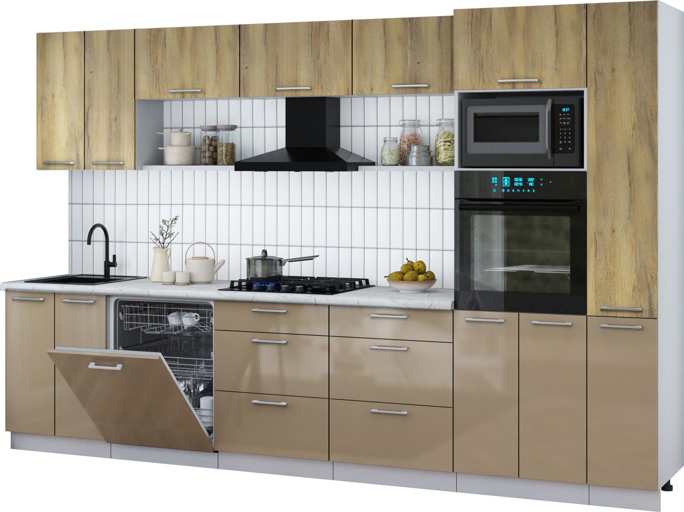 

Готовая кухня Интерлиния Мила Gloss 3.3-ПМ1 (капучино глянец/дуб вотан/серый каспий)