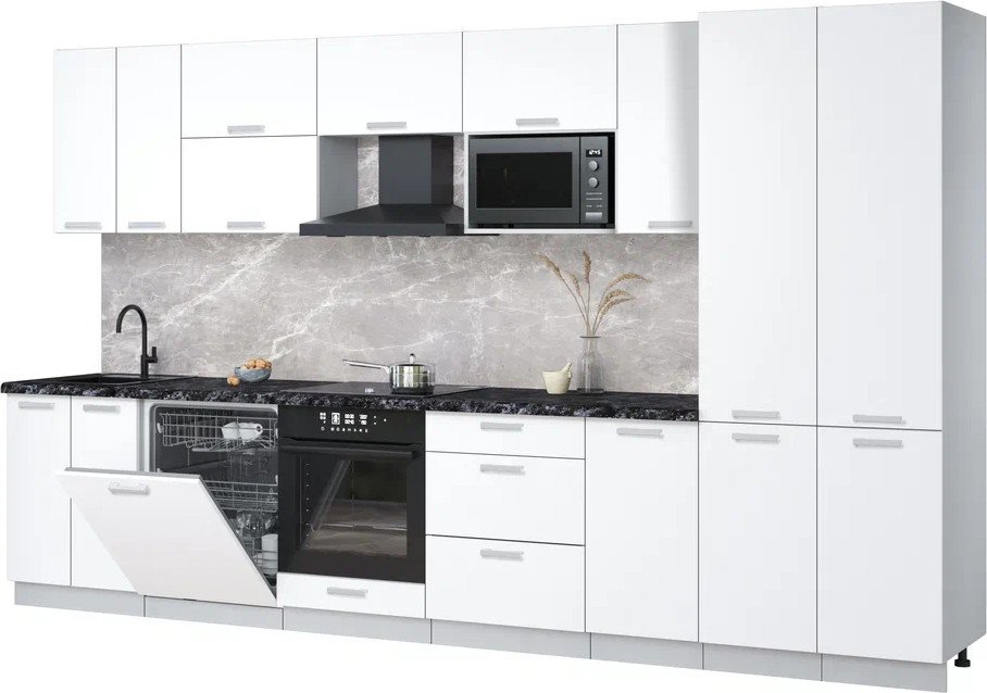 

Готовая кухня Интерлиния Мила Лайт 3.6-ПМ2 (белый платинум/белый платинум/кастилло темный)