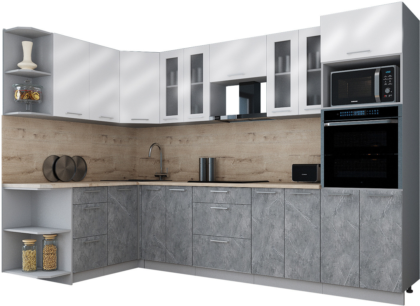 

Готовая кухня Интерлиния Мила Gloss 1.68x3.0 левая (белый глянец/керамика/травертин серый)