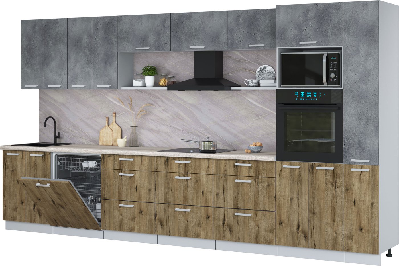 

Готовая кухня Интерлиния Мила Лайт 3.9-ПМ1 (бетон портленд/дуб веллингтон/травертин серый)