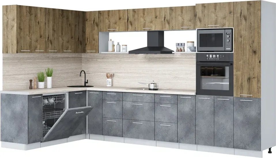 

Готовая кухня Интерлиния Мила Лайт 1.896х3.58 (дуб веллингтон/бетон портленд/травертин серый)