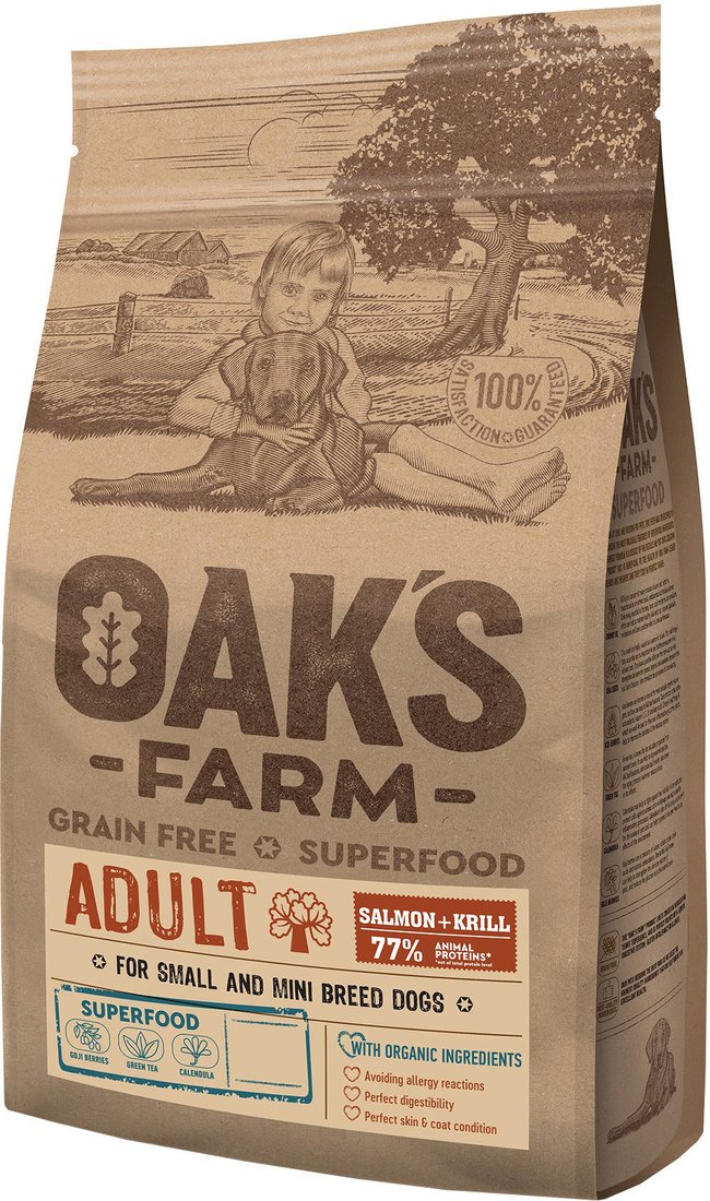 

Сухой корм для собак Oak's Farm Беззерновой для малых и миниатюрных пород. Лосось и криль (6.5 кг)