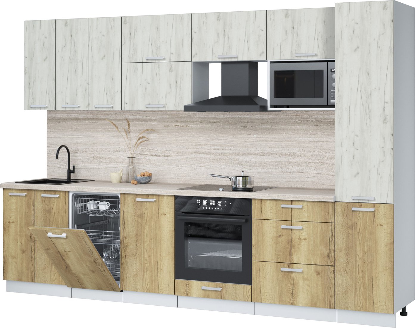 

Готовая кухня Интерлиния Мила Лайт 3.1-ПМ4 (дуб белый/дуб золотой/травертин серый)