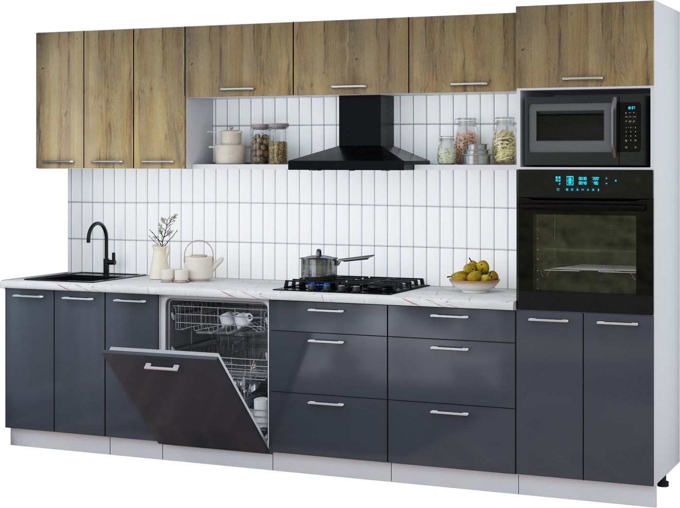 

Готовая кухня Интерлиния Мила Gloss 3.3-ПМ1-2 (асфальт глянец/дуб вотан/серый каспий)