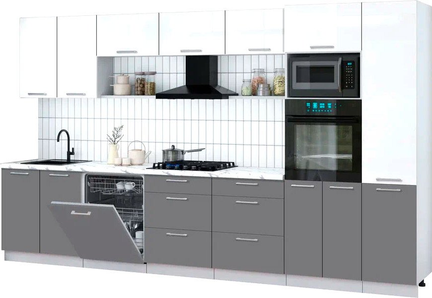 

Готовая кухня Интерлиния Мила Gloss 3.6-ПМ1 (серый/белый глянец/белый гранит)