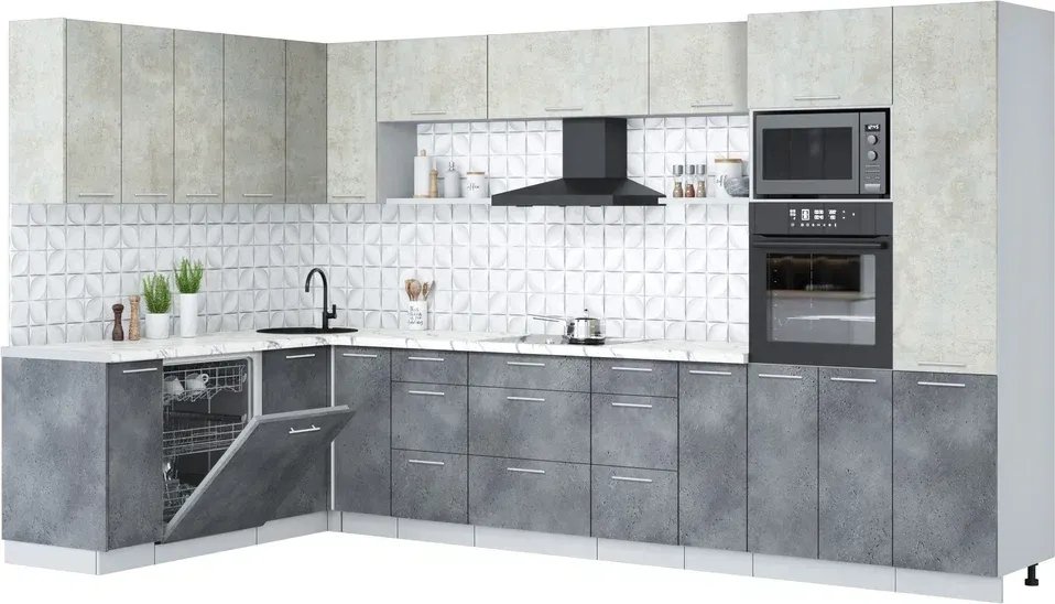 

Готовая кухня Интерлиния Мила Лайт 1.896х3.58 (бетон лайт/бетон портленд/белый гранит)