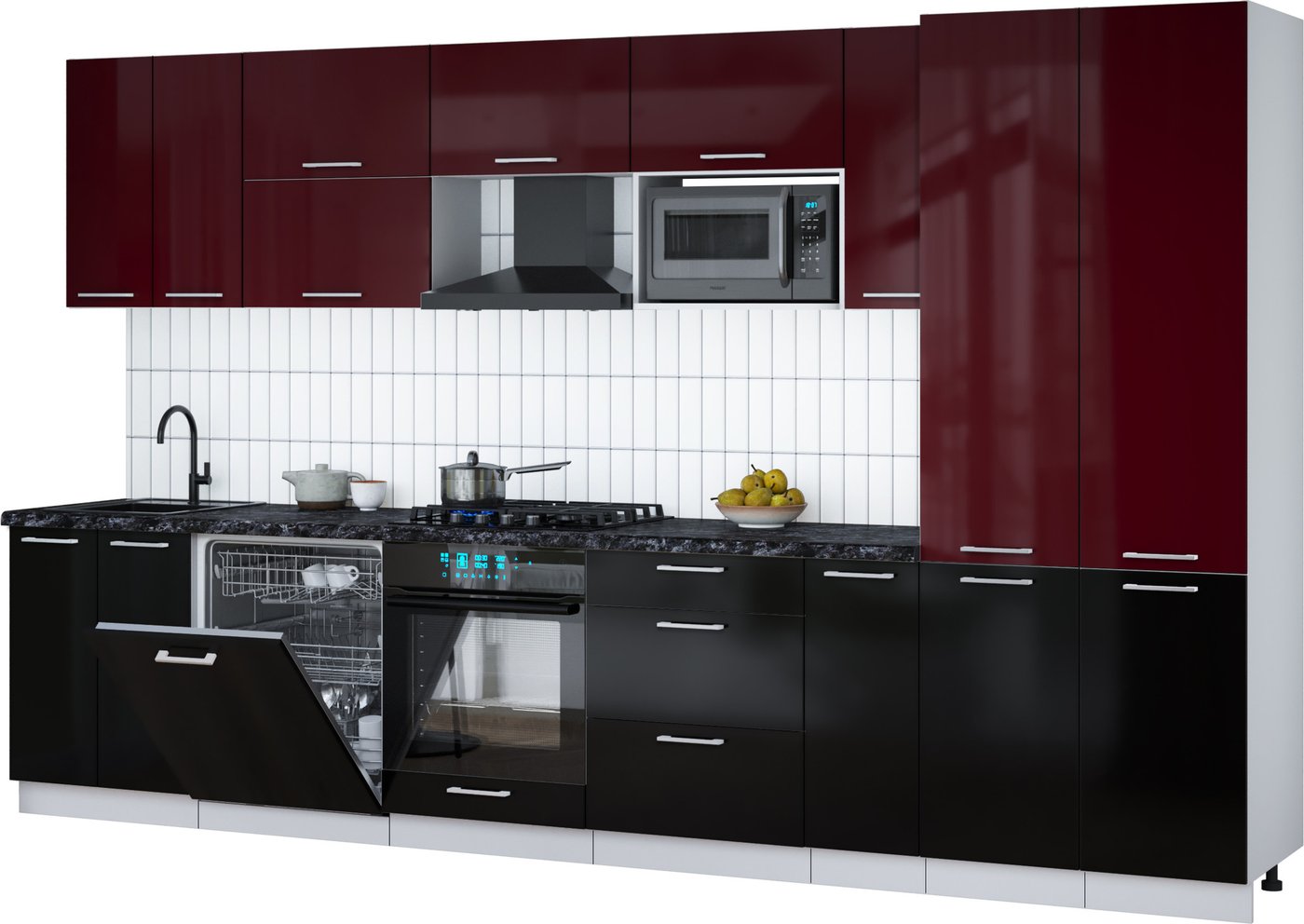 

Готовая кухня Интерлиния Мила Gloss 3.5-ПМ2 (черный глянец/бордовый глянец/кастилло темный)